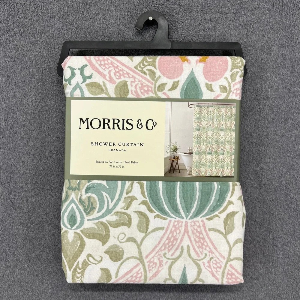 Morris & Co Granada Shower Curtain 72x72 Green Pink Cotton Blend Floral Botanica